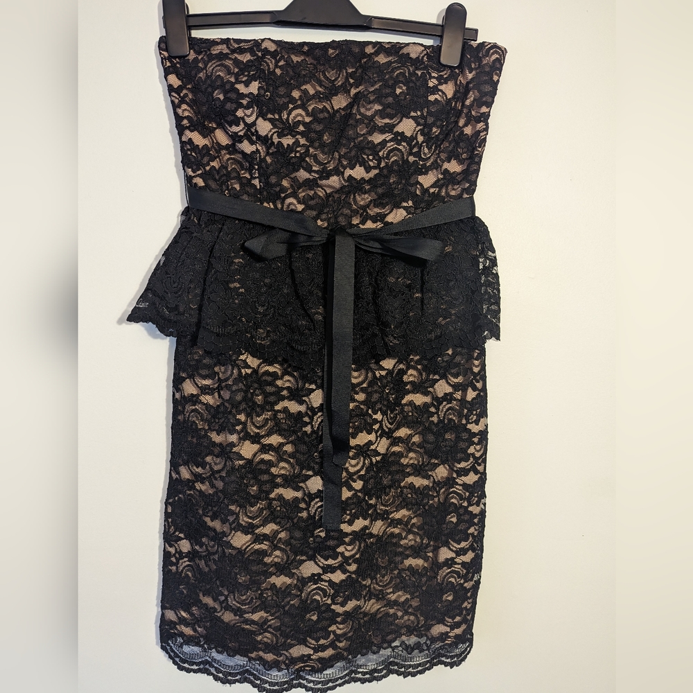 MM Couture Black lace strapless cocktail party dress